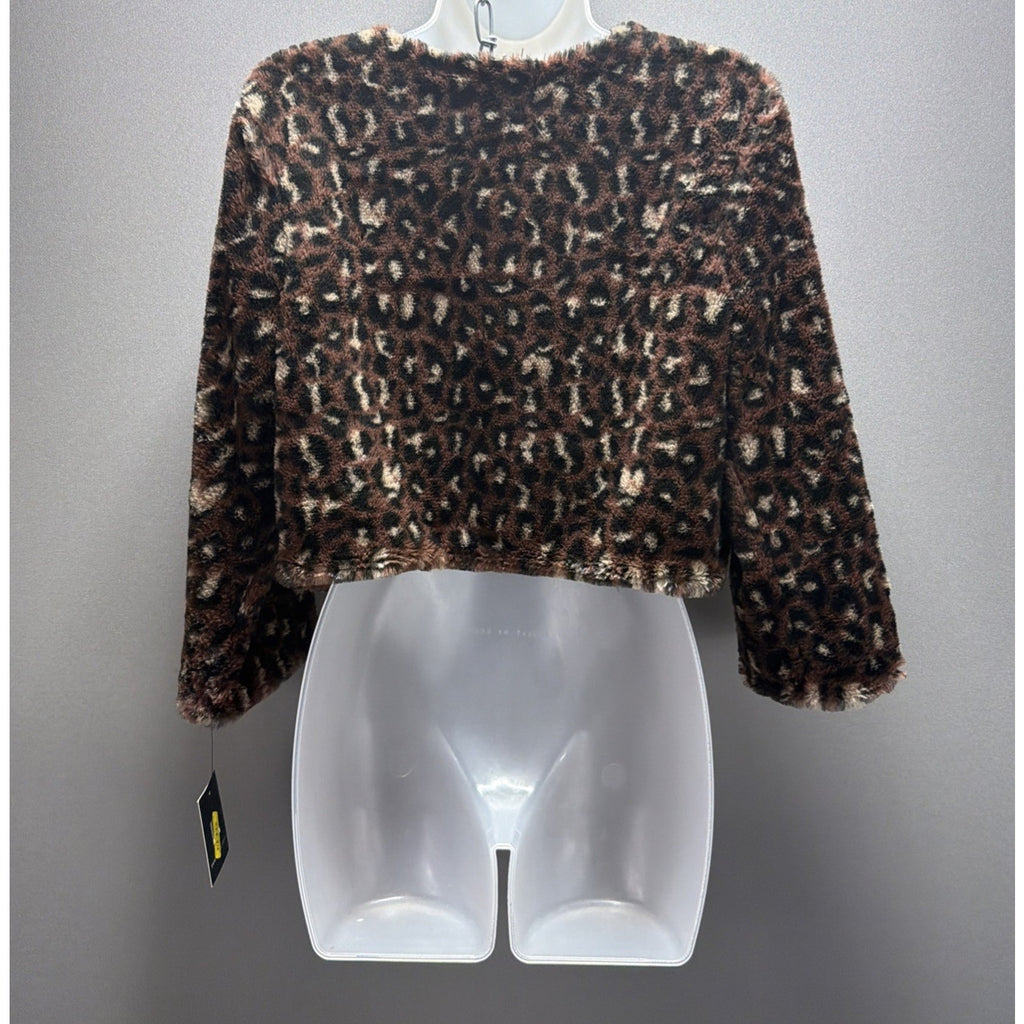 I.N. San Francisco Leopard Faux Fur Jacket Womens L Open Front Crop NWT Soft
