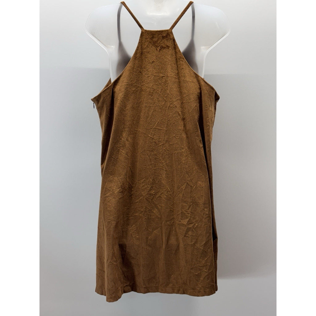 Blu Pepper Embroidered Floral Suede Look Thin Straps Side Zipper Brown Dress L