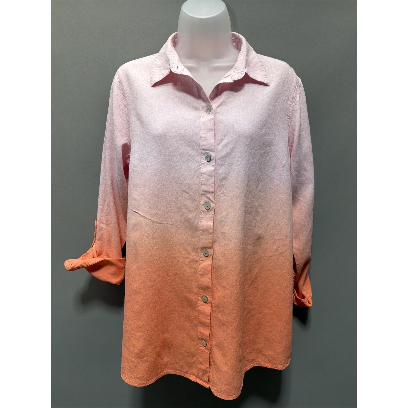 J Jill Womens Small Linen Blend Pink Orange Ombre Shirt Long Sleeve Top