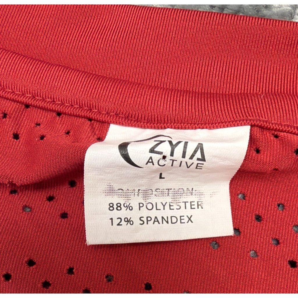 ZYIA Active Laser Cut Pullover T-Shirt Top L Red Long Sleeve Stretch Workout