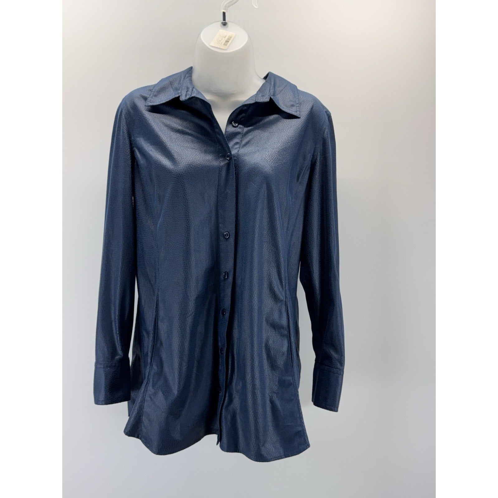 Chico's Womens Button Down Top 1 (M) Navy Textured Snakeskin Waist Pockets