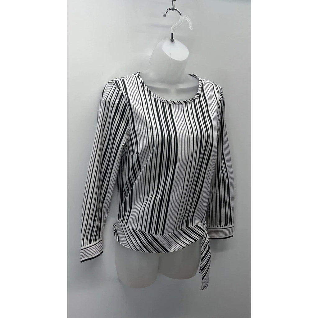 Talbots Tie Side Blouse Petite Size Small White Black Stripe Long Sleeve *