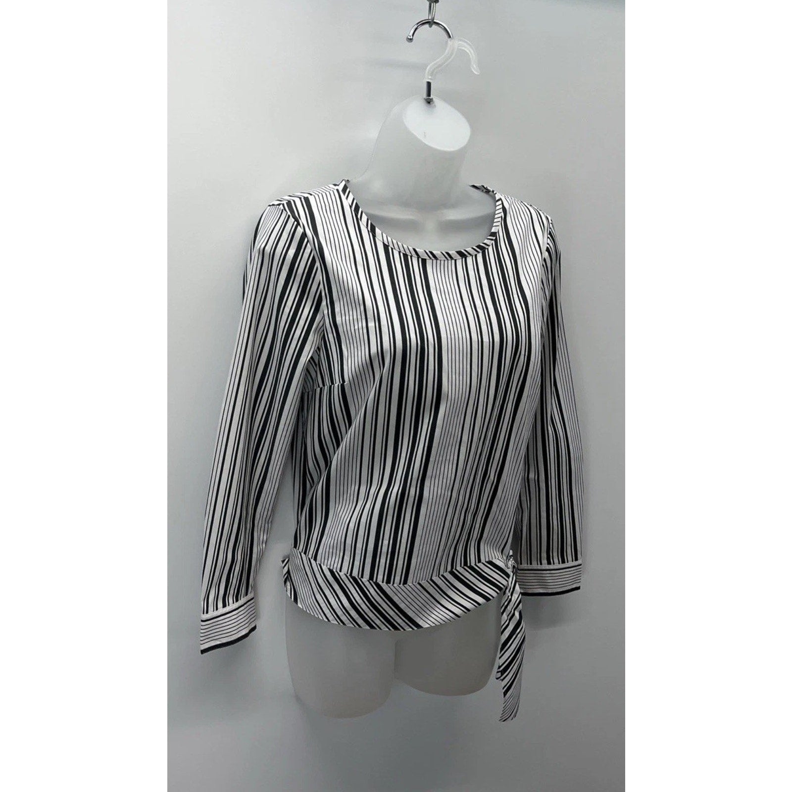 Talbots Tie Side Blouse Petite Size Small White Black Stripe Long Sleeve *