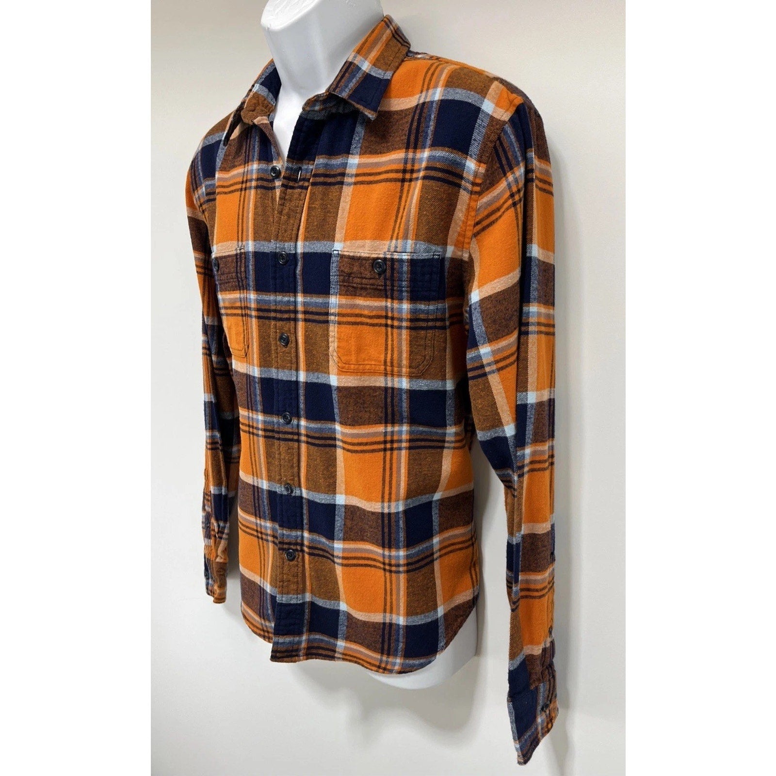 True Craft Men’s Sz Large Orange & Navy Plaid Flannel Button-Down Shirt
