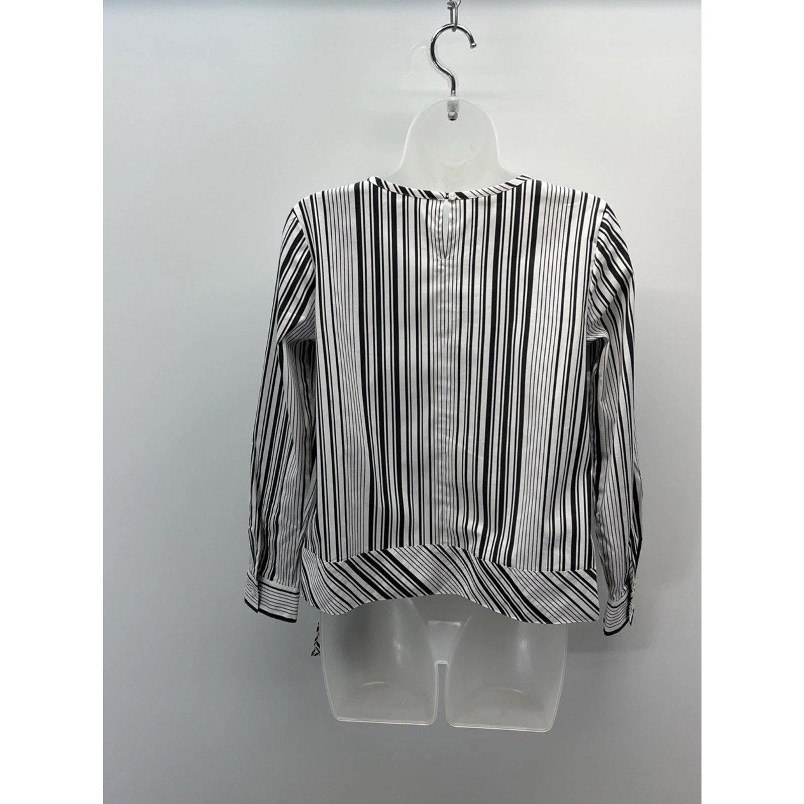 Talbots Tie Side Blouse Petite Size Small White Black Stripe Long Sleeve *