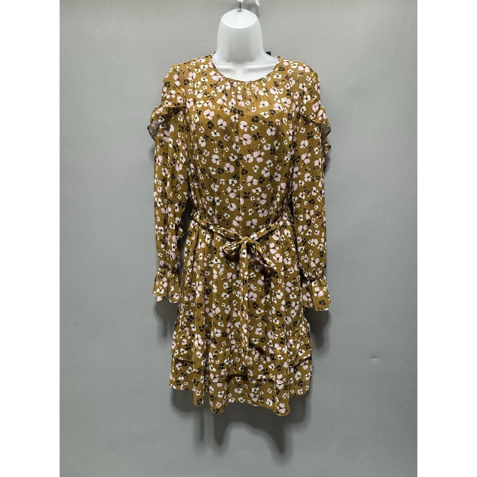 NWT Who What Wear Dress M Mustard Floral Ruffle Long Sleeve Tie Waist Boho Mini
