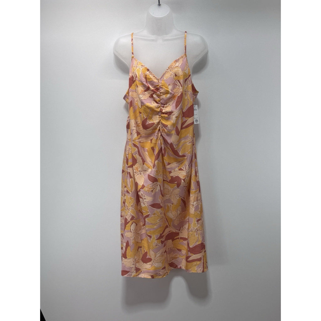 Nine West Strappy Ruched Midi Yellow Floral Summer Dress Women’s Size Medium NWT