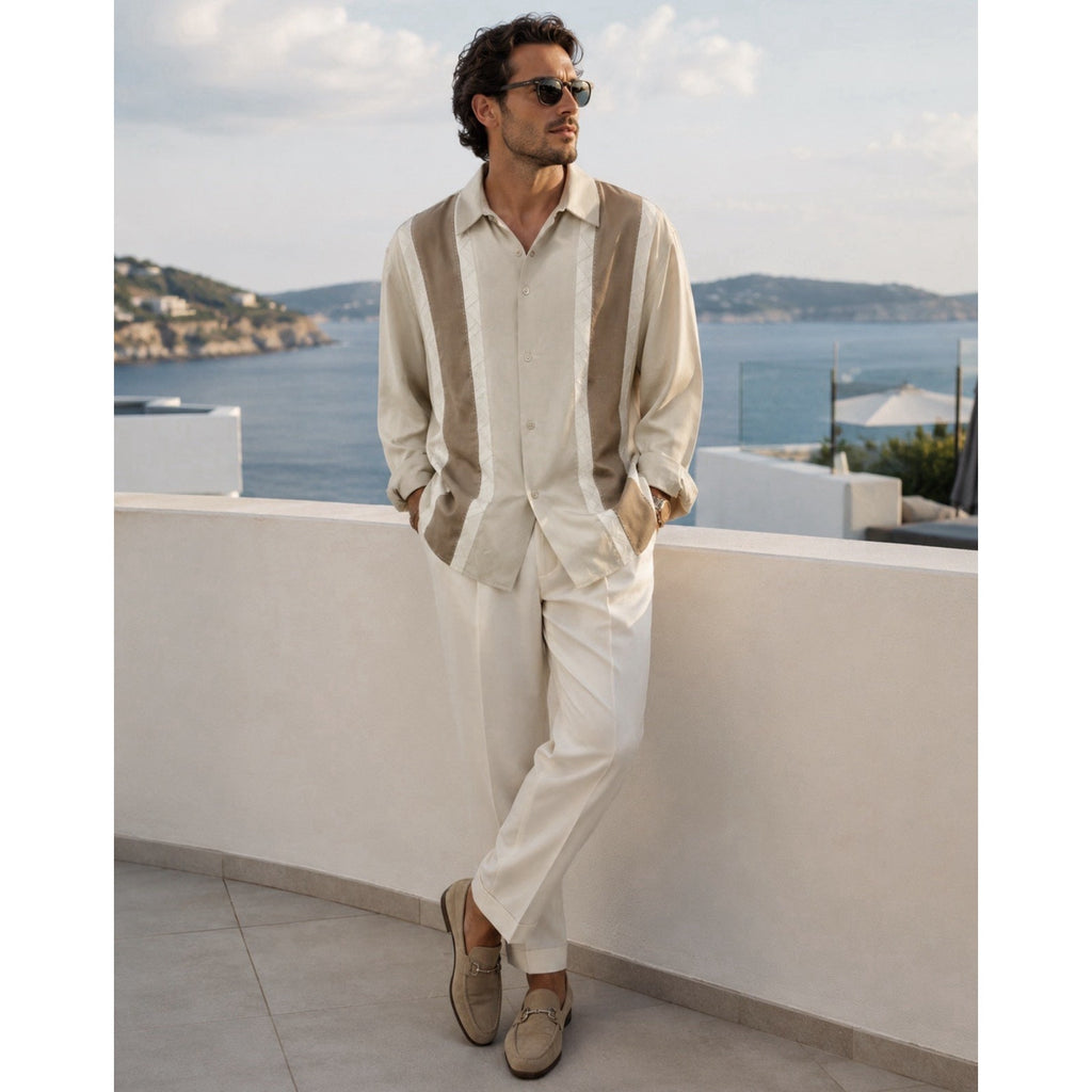 Tulliano Men’s 100% Silk Button Front Shirt XXL Beige Taupe Colorblock LS NWT