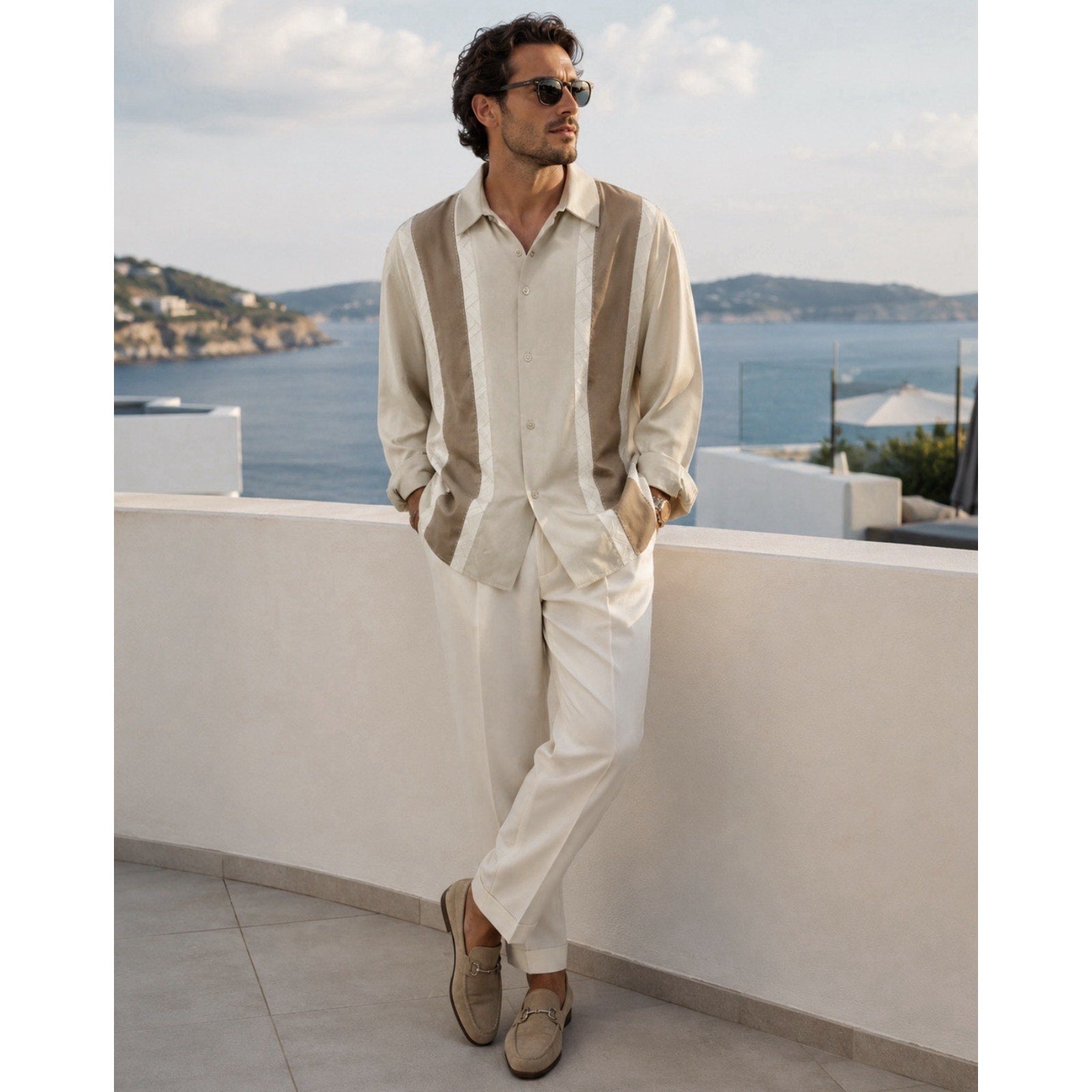 Tulliano Men’s 100% Silk Button Front Shirt XXL Beige Taupe Colorblock LS NWT