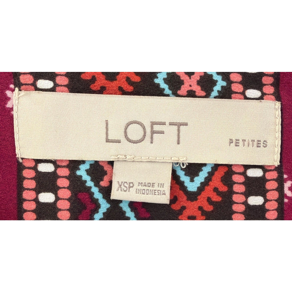 LOFT Petite XS Boho Tunic Top Burgundy Tribal Print 3/4 Sleeve Flowy Blouse