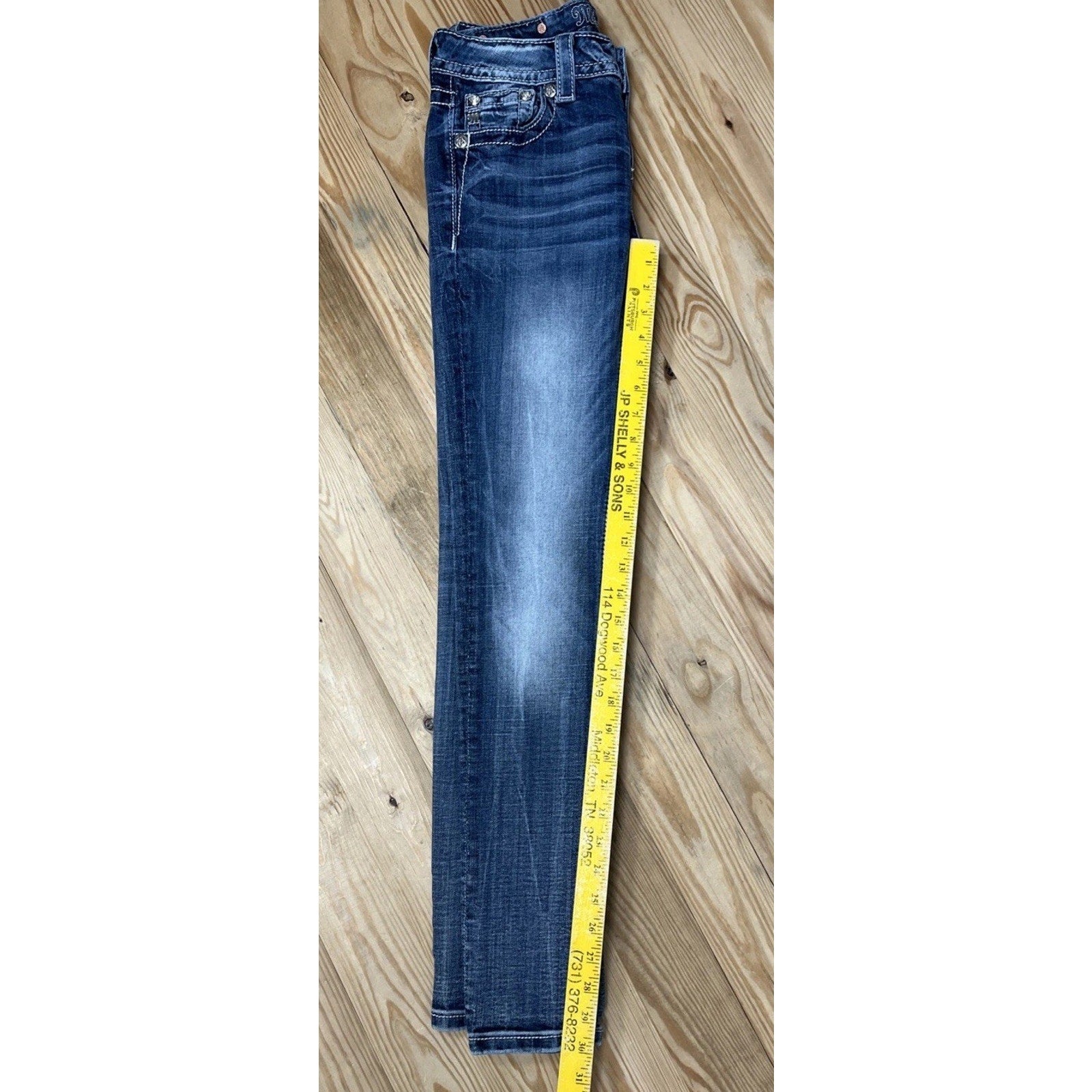 Miss Me Jeans Mid Rise Cuffed Skinny Size 28 Denim Blue Logo Whiskering Casual