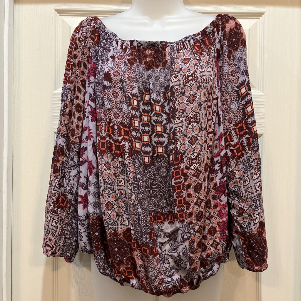 Knox Rose Shirt Women XL Maroon LongSleeve Boho Bohemian Bell Sleeve Crop