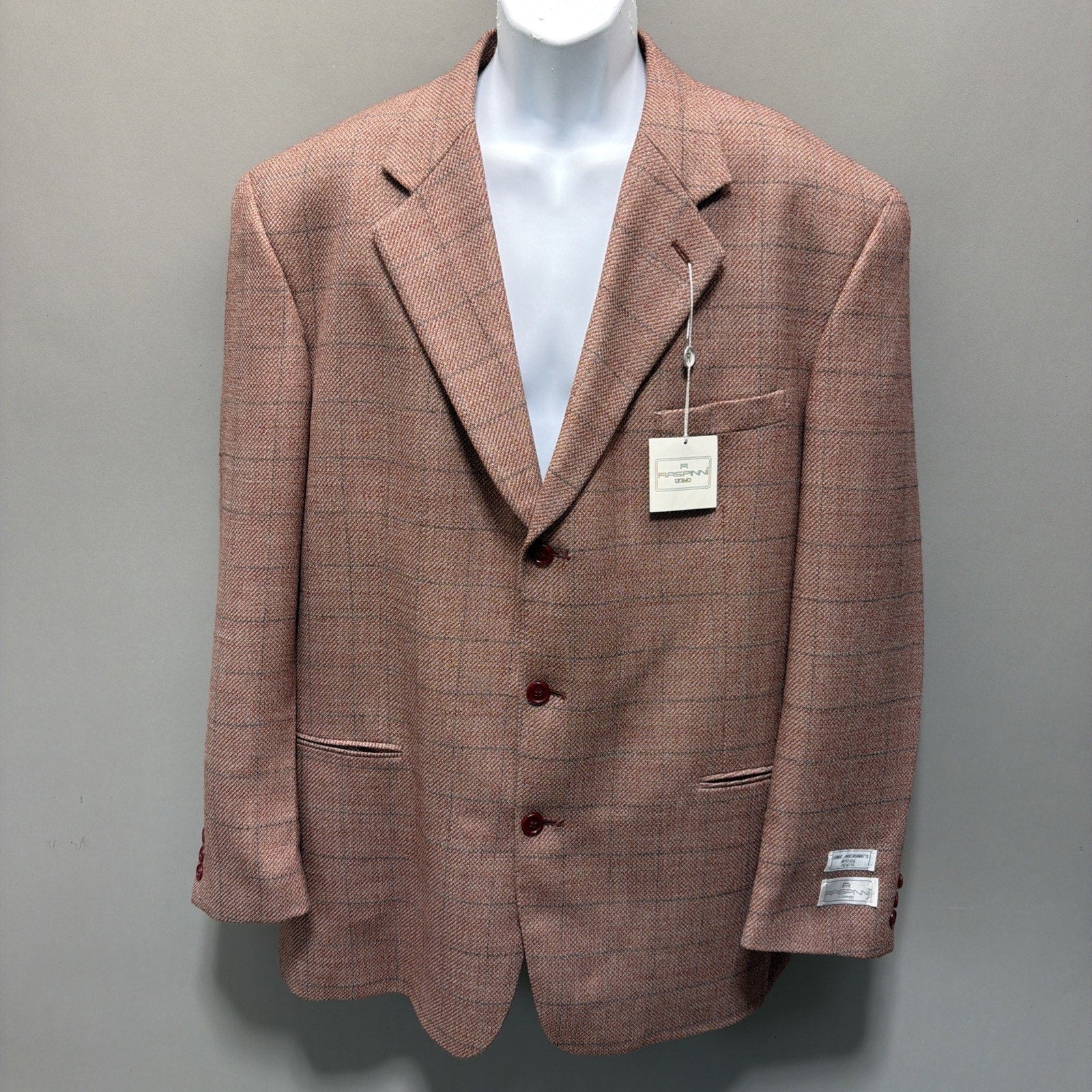 NWT Raspinni Uomo 100% Merino Wool Sport Coat Blazer Mens 44L Pink Windowpane