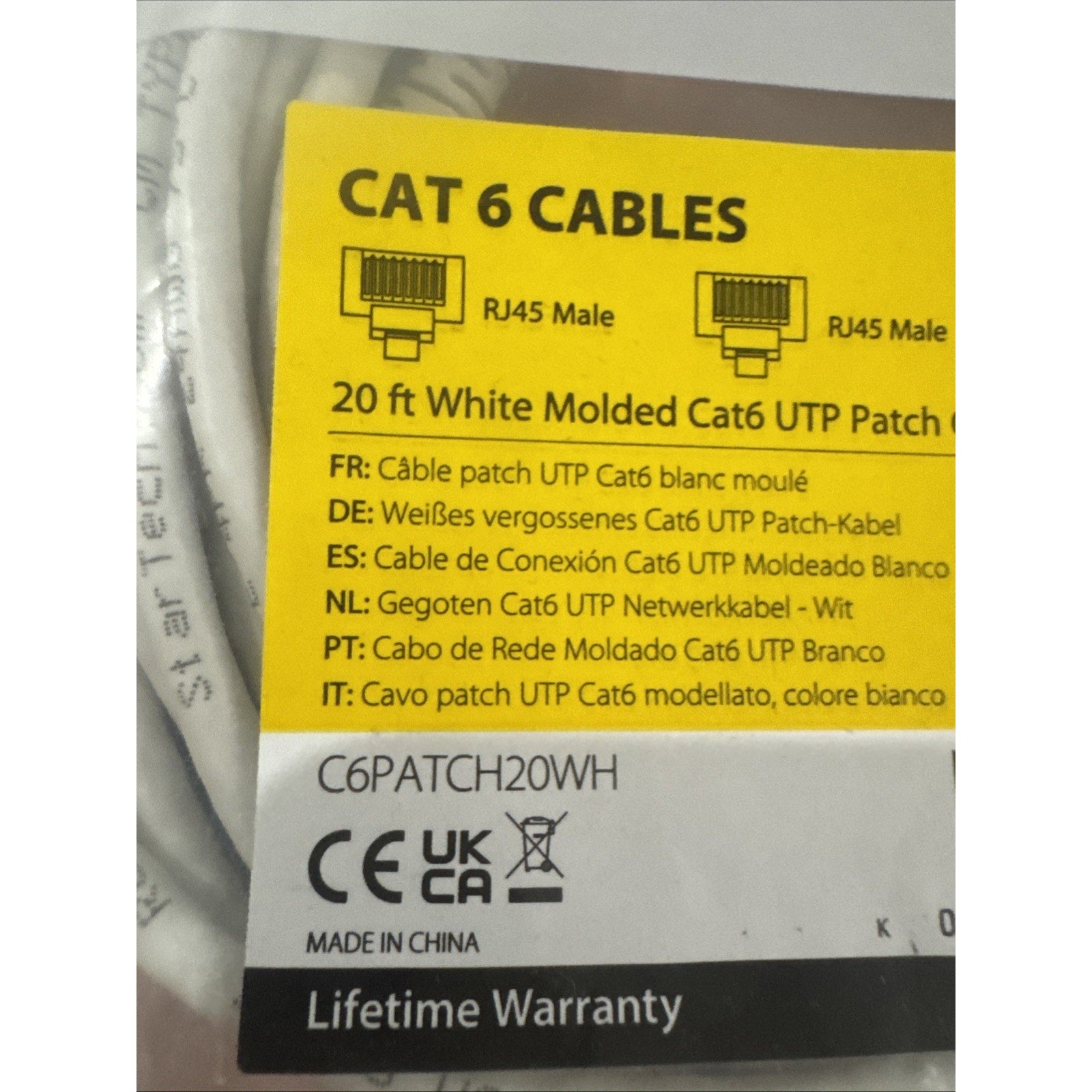 StarTech C6PATCH20WH 20Ft CAT6 Gigabit Ethernet Cable Molded RJ45 UTP Cord White