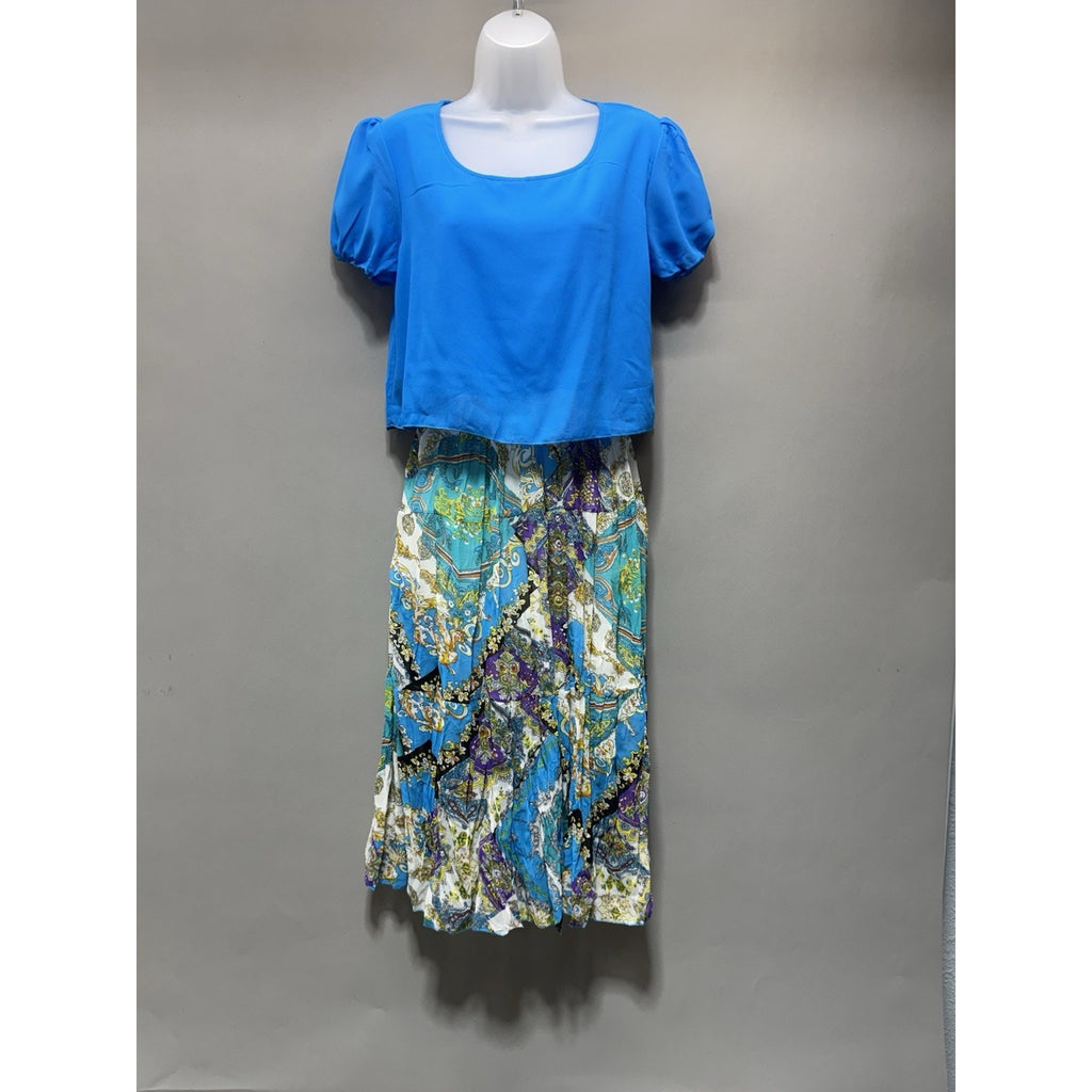 Boho Midi Dress Women M Blue Puff Sleeve Patchwork Print Flowy Summer Vacation