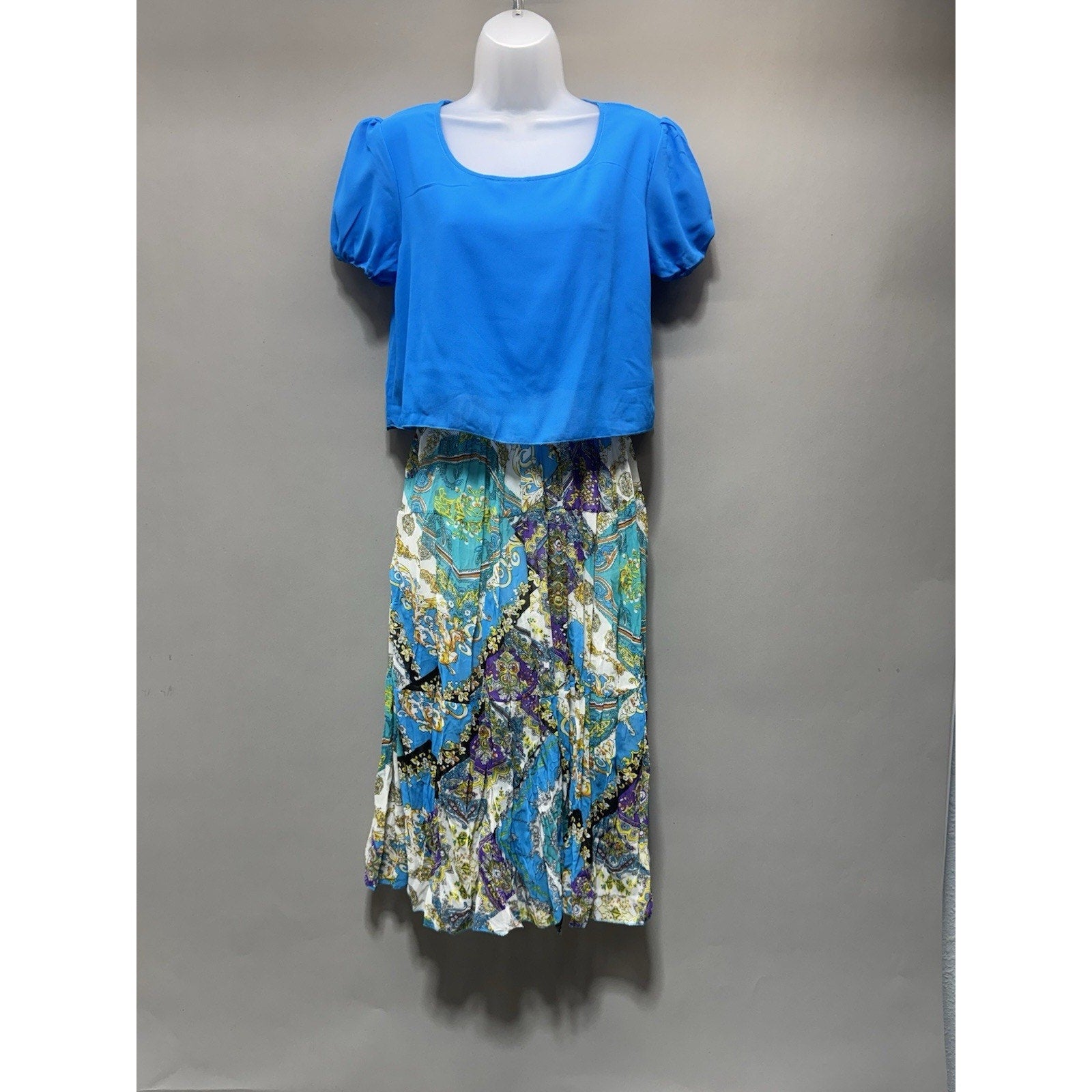 Boho Midi Dress Women M Blue Puff Sleeve Patchwork Print Flowy Summer Vacation