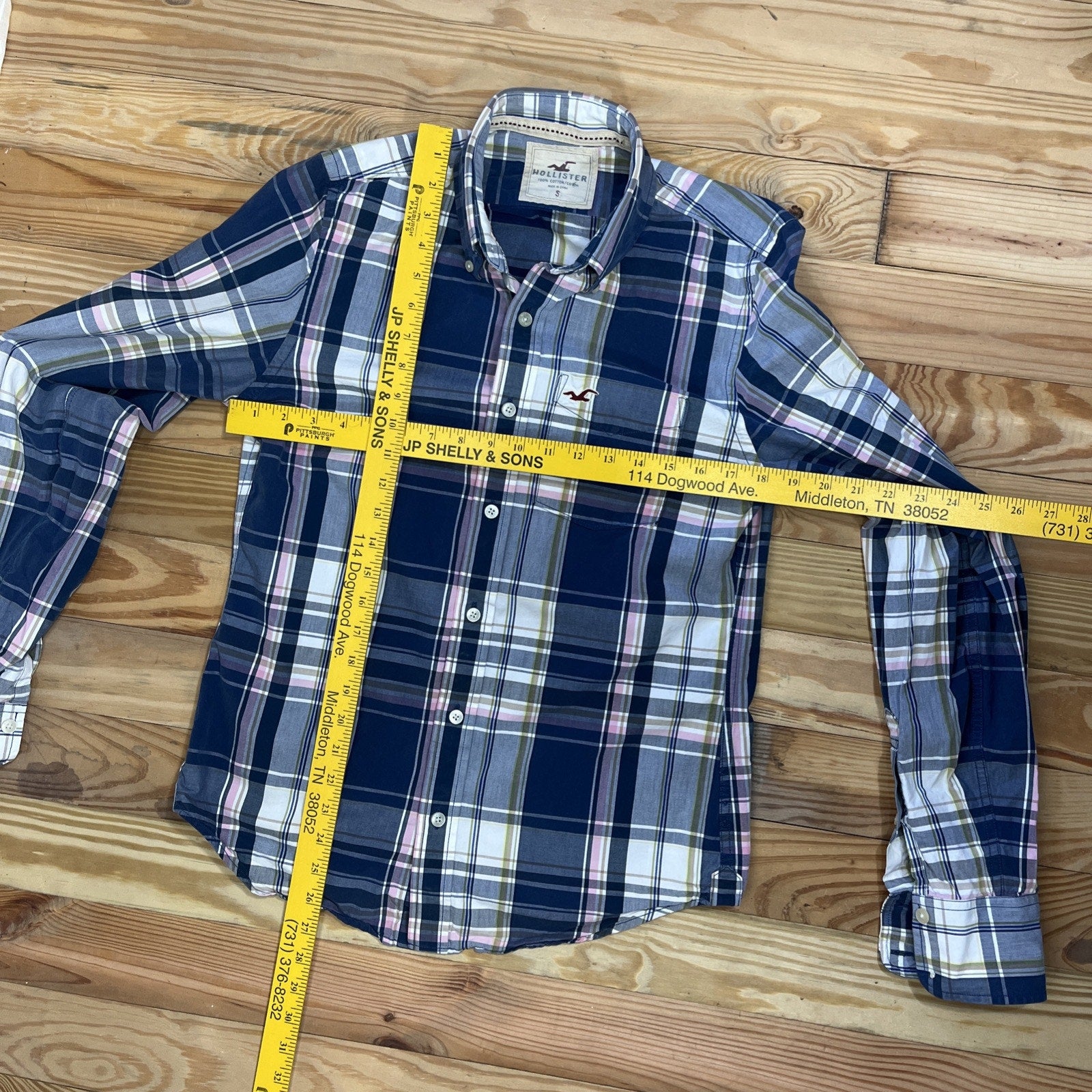 HOLLISTER Men’s Size S Button Front Shirt Long Sleeve Blue Pink Plaid Cotton