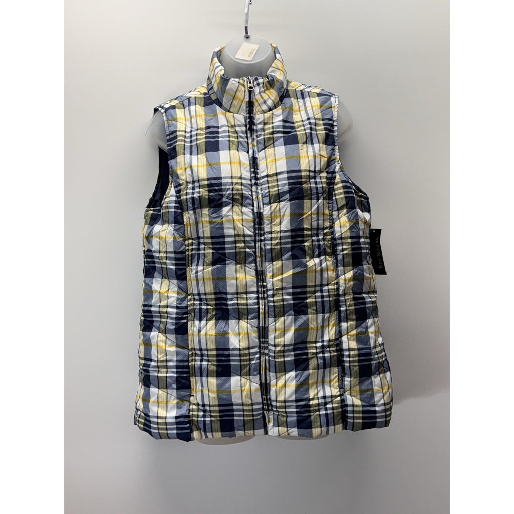 Kim Rogers Vest Puffer Plaid Yellow White Gray Black Zip Front Pockets Women's M