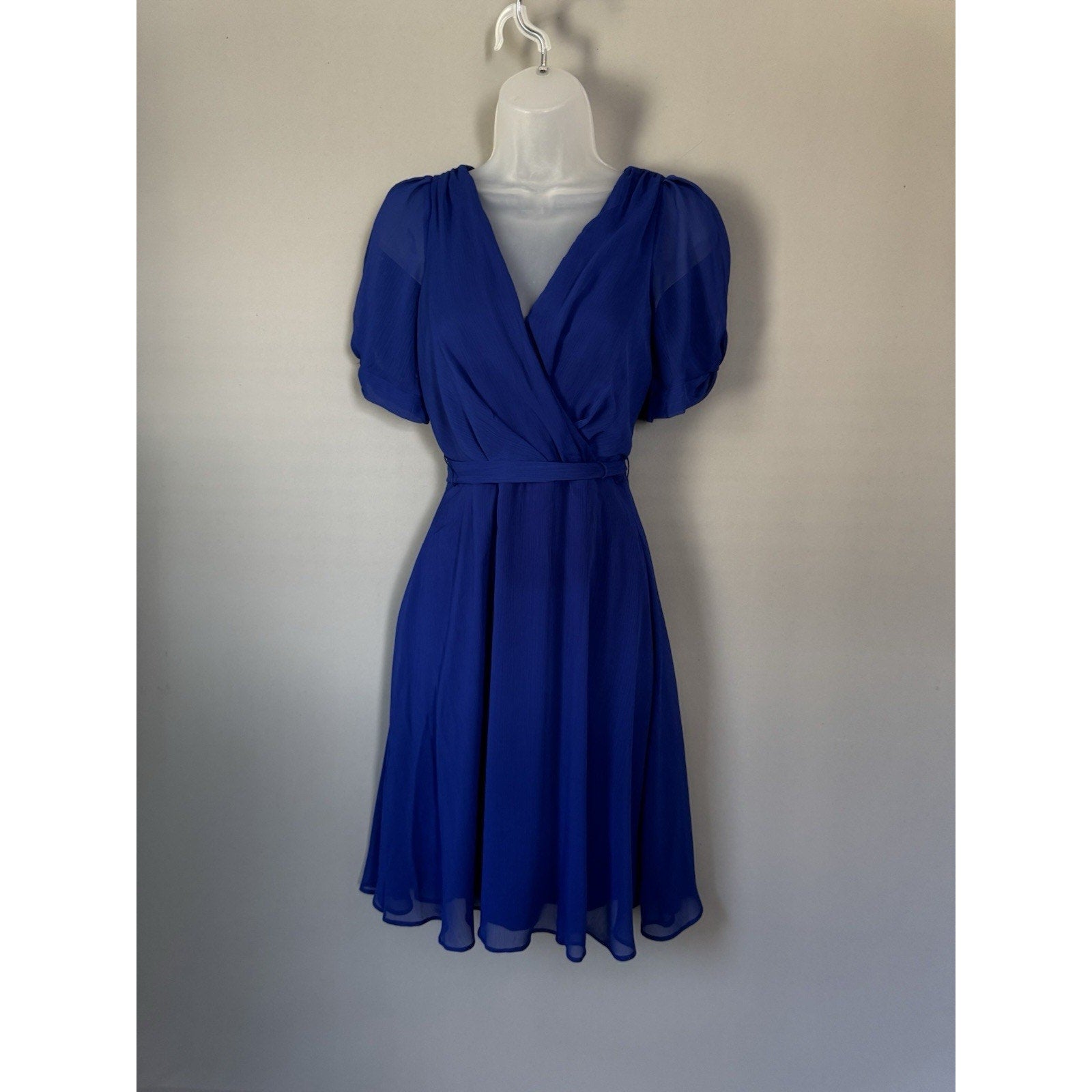 DKNY Blue Chiffon Wrap Dress Womens Size 2 Puff Sleeve Belted V Neck NWT $129