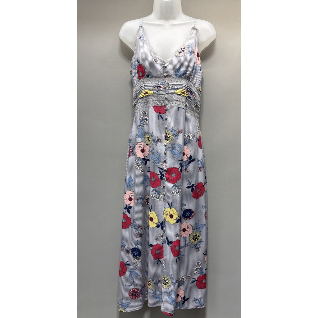 NWT En Creme Floral Striped Lace Maxi Dress M Empire Waist Spaghetti Straps