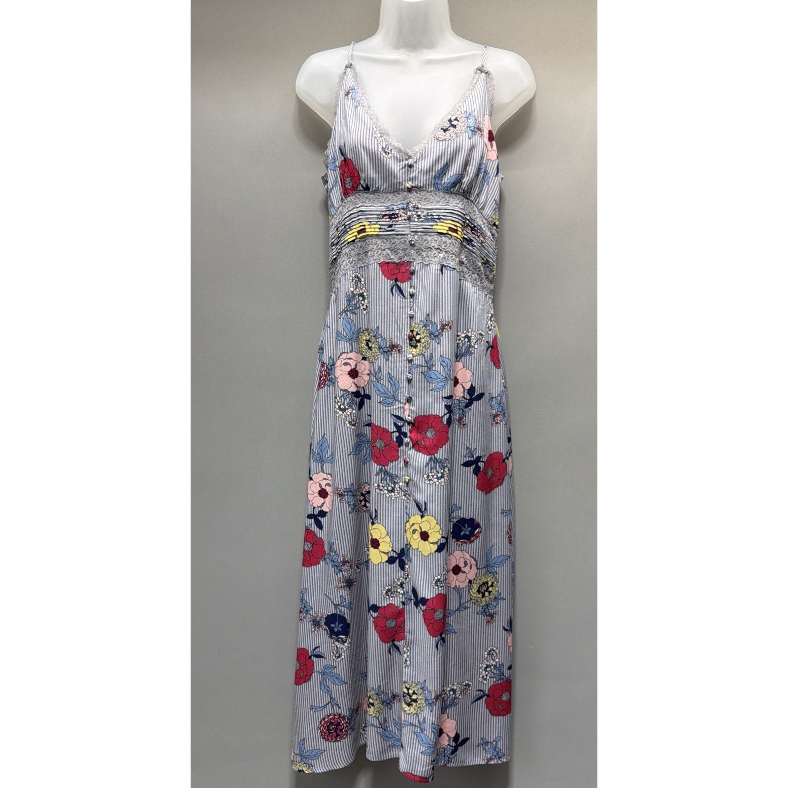 NWT En Creme Floral Striped Lace Maxi Dress M Empire Waist Spaghetti Straps