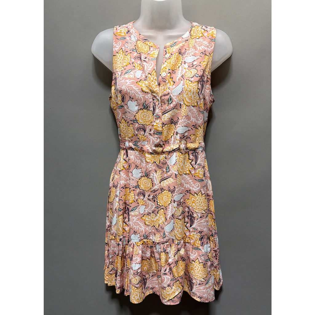 LOFT Floral Sleeveless Dress Small Pink Boho Ruffle Hem Button Front Summer