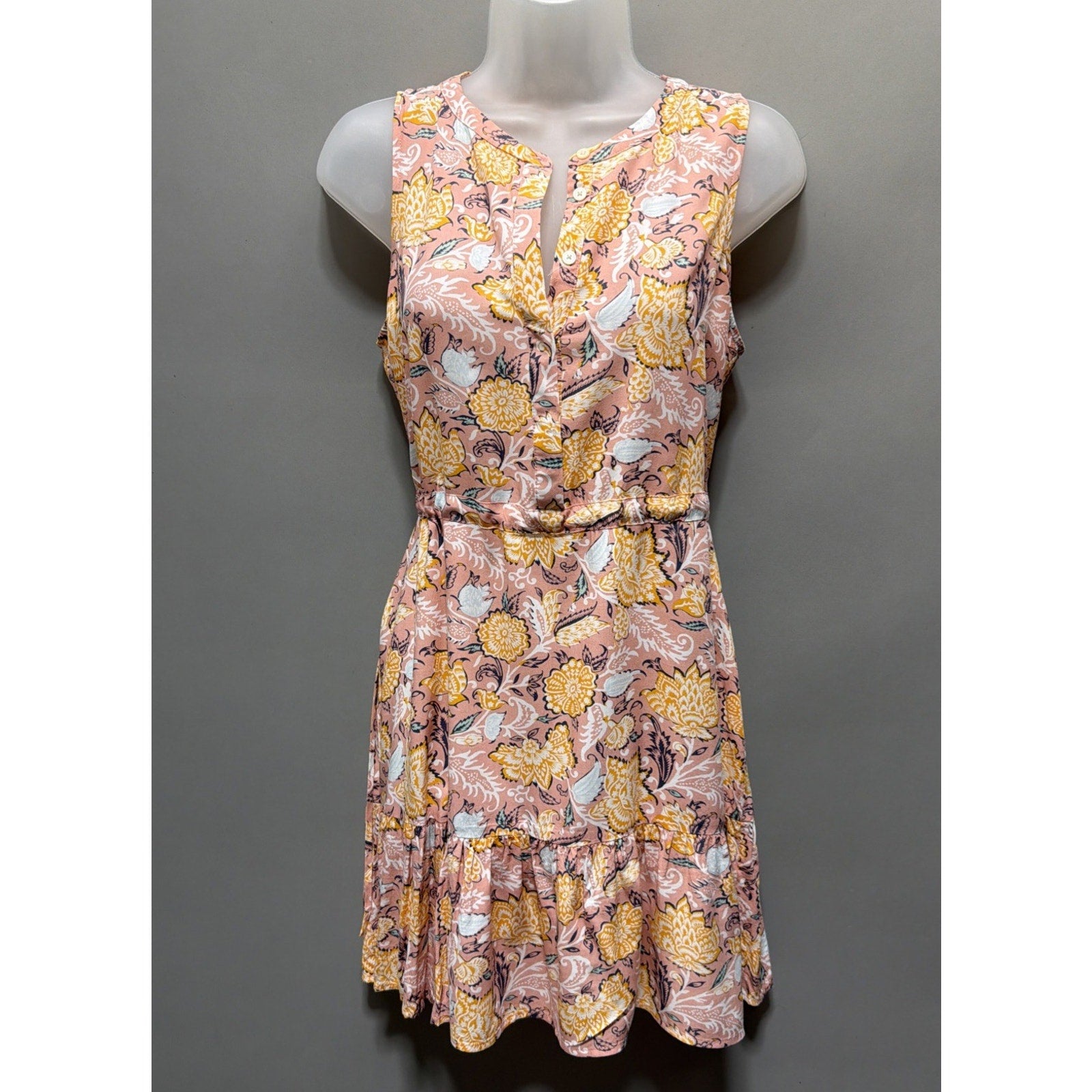 LOFT Floral Sleeveless Dress Small Pink Boho Ruffle Hem Button Front Summer