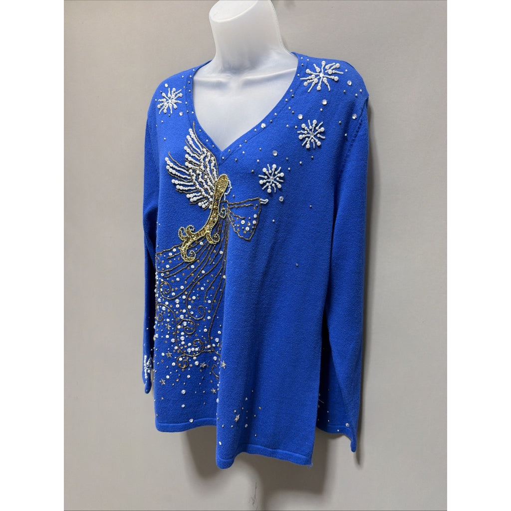 Berek2 Blue Sweater Angel/Snowflake Bead Pullover V-Neck Long Sleeve Size XL