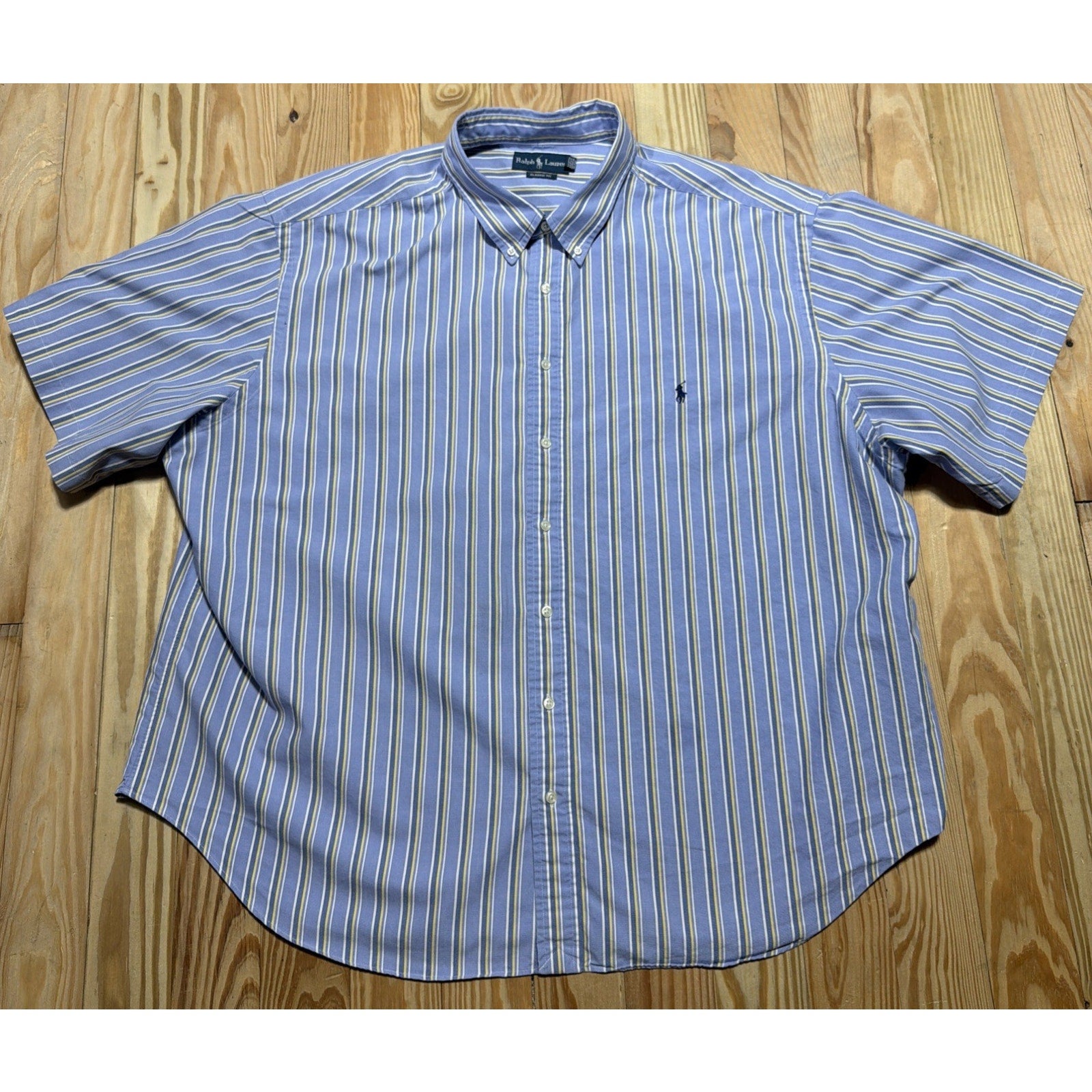 Ralph Lauren Short Sleeve Button Collar Oxford Shirt Blue Stripe Mens Big 4XB