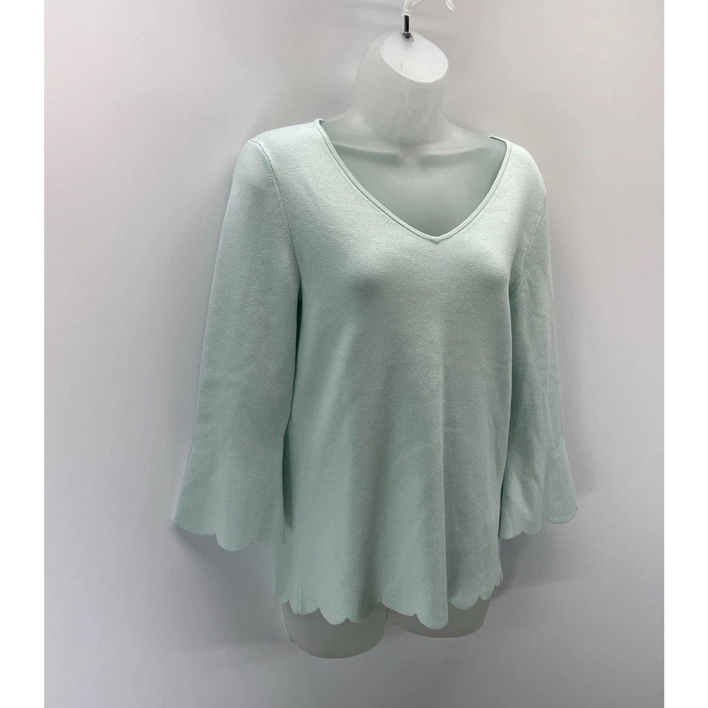 Talbots Women's V-Neck Sweater Size M Light Blue Scalloped Edge