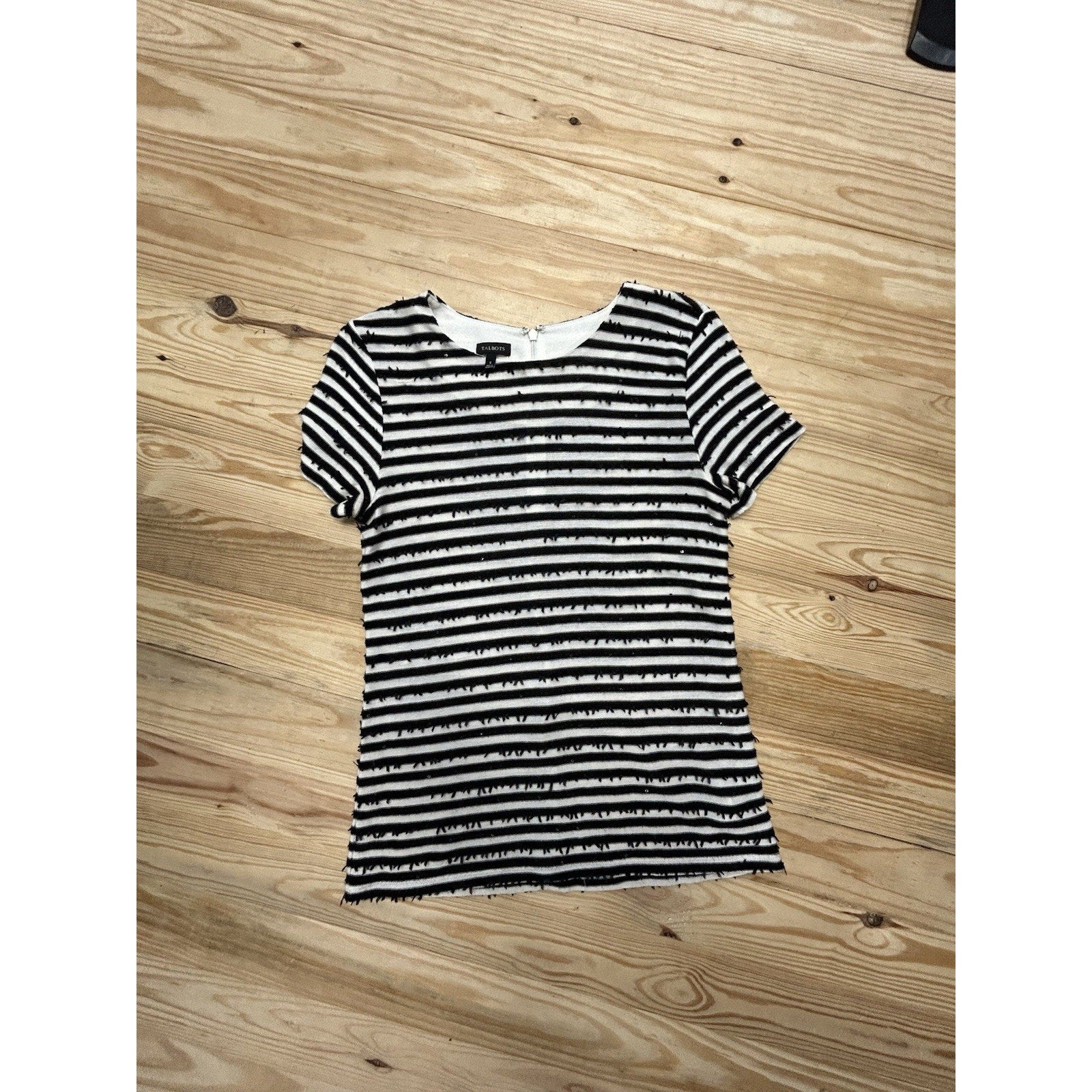 Talbots Womens Black White Striped Shirt Sz Small Short Sleeve Sequins .