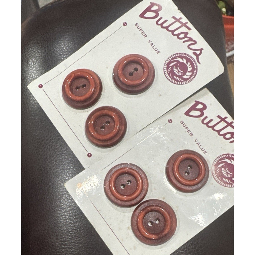 6 Brown Rust 2-Hole Coat Buttons 1¼” on Original Cards Sewing Craft Lot