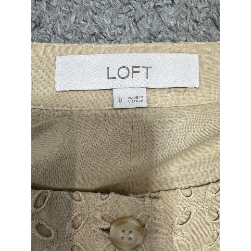 LOFT Womens Size 8 Beige Eyelet Sleeveless Tunic Dress Button Front Pockets