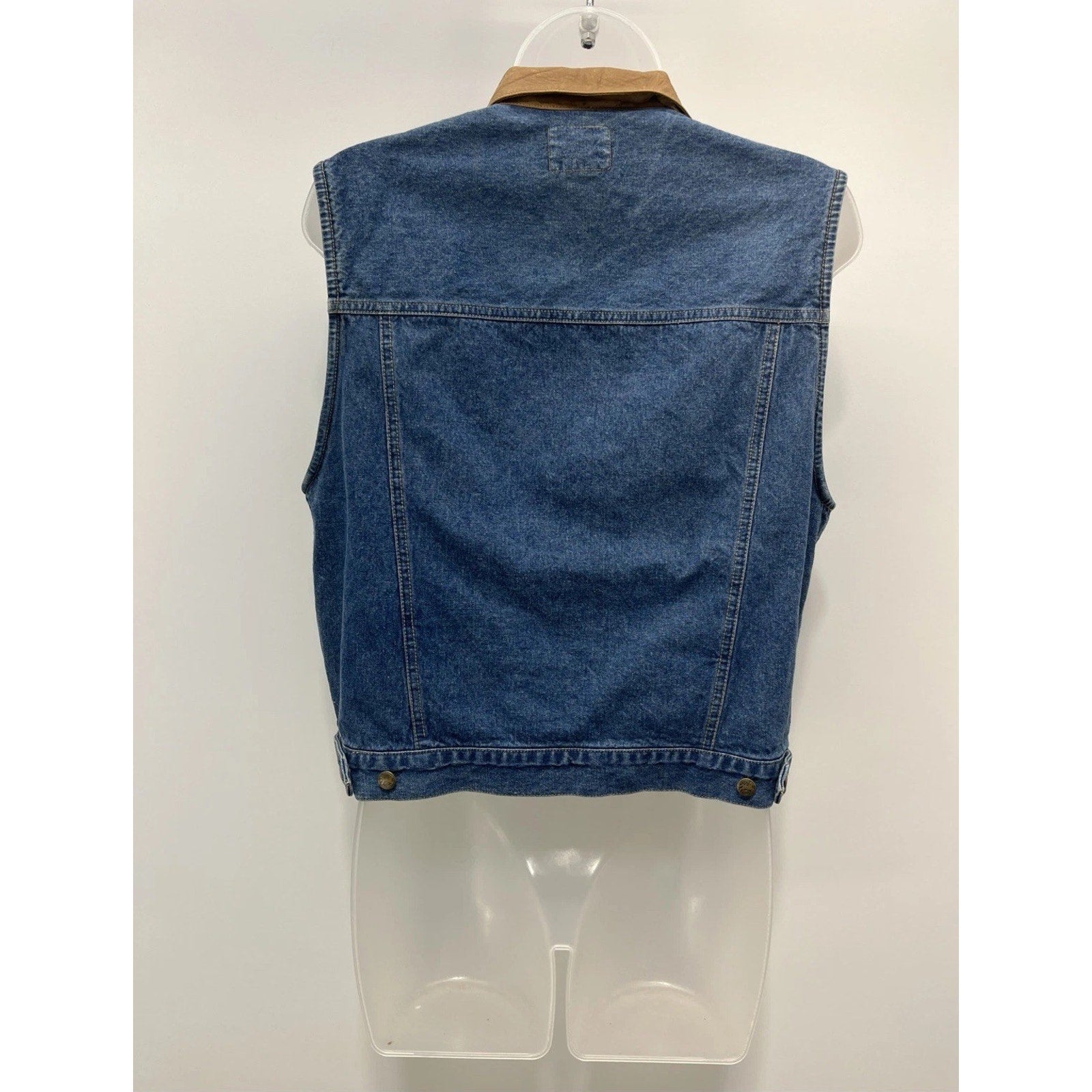 Vtg Crazy Horse Liz Claiborne Denim Vest Leather Collar Full Zip Sz M