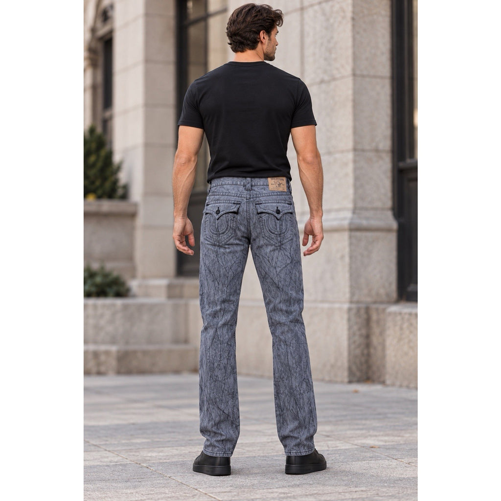 True Religion Straight Jeans Mens 34 x 33 Gray Black Dark Denim Flap