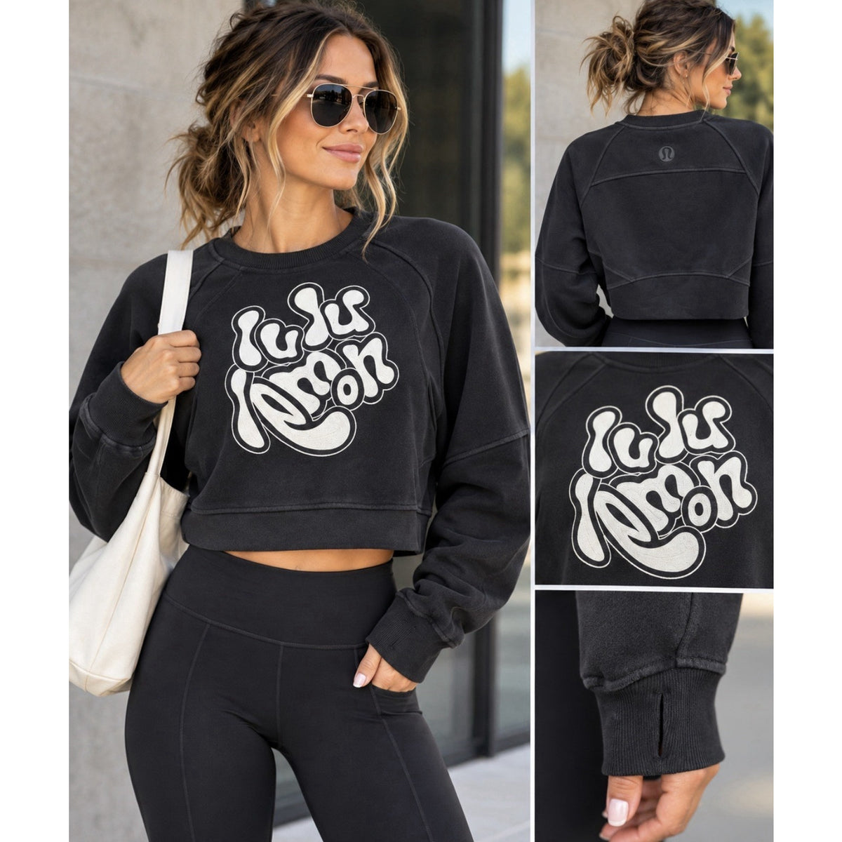 lululemon Black Cropped Scuba Sweatshirt Graphic Raglan Pullover Women’s