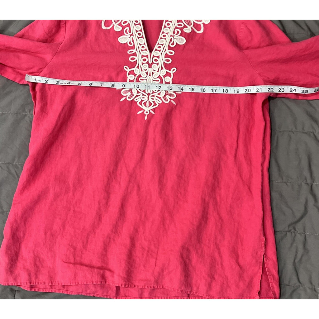 Jones New York Embroidered 100% Linen 3/4 Sleeve V Neck Blouse Pink Sz XL
