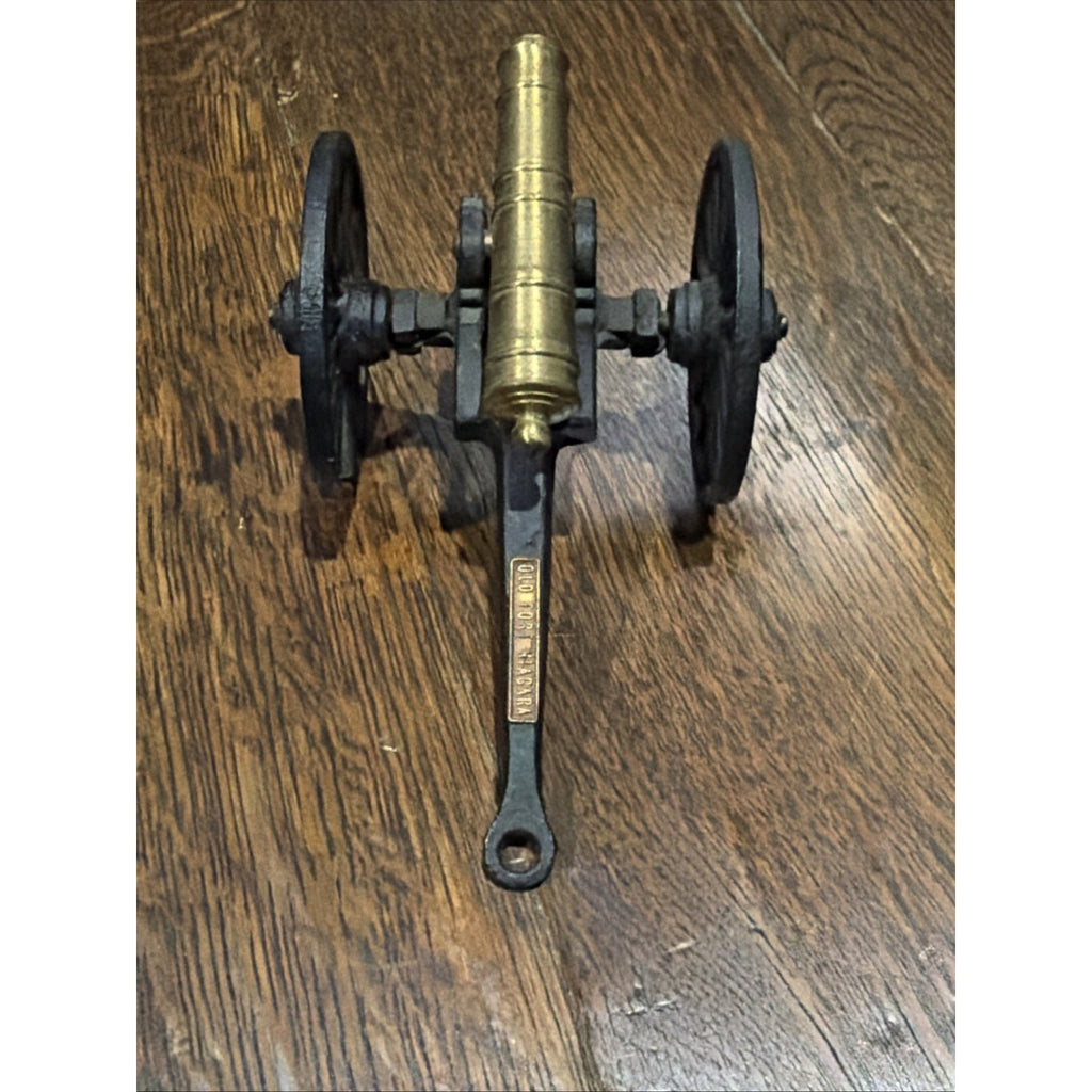 Miniature Cannon Brass Barrel Black Metal Carriage Spoked Wheels Military Decor