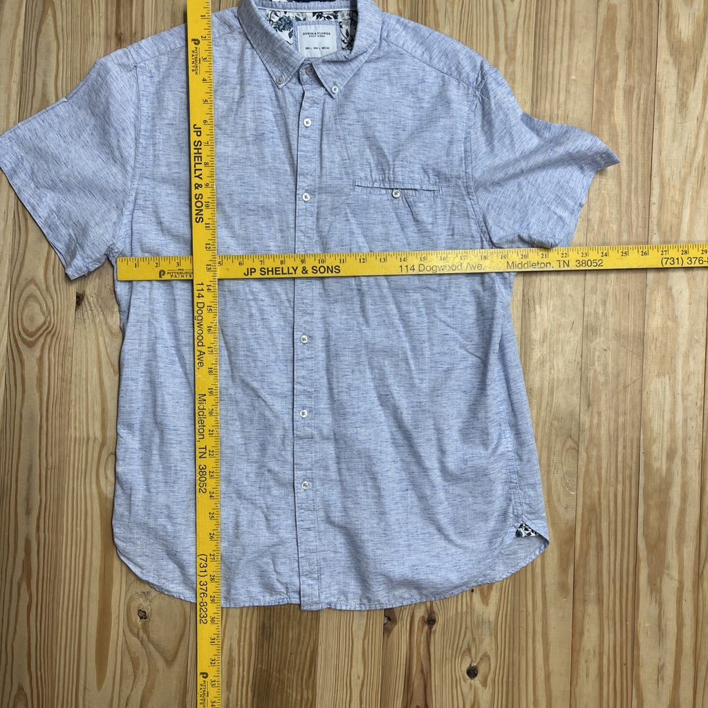 Denim And Flower Chambray Men Slim Fit Button Down Short Sleeve Cotton Shirt L