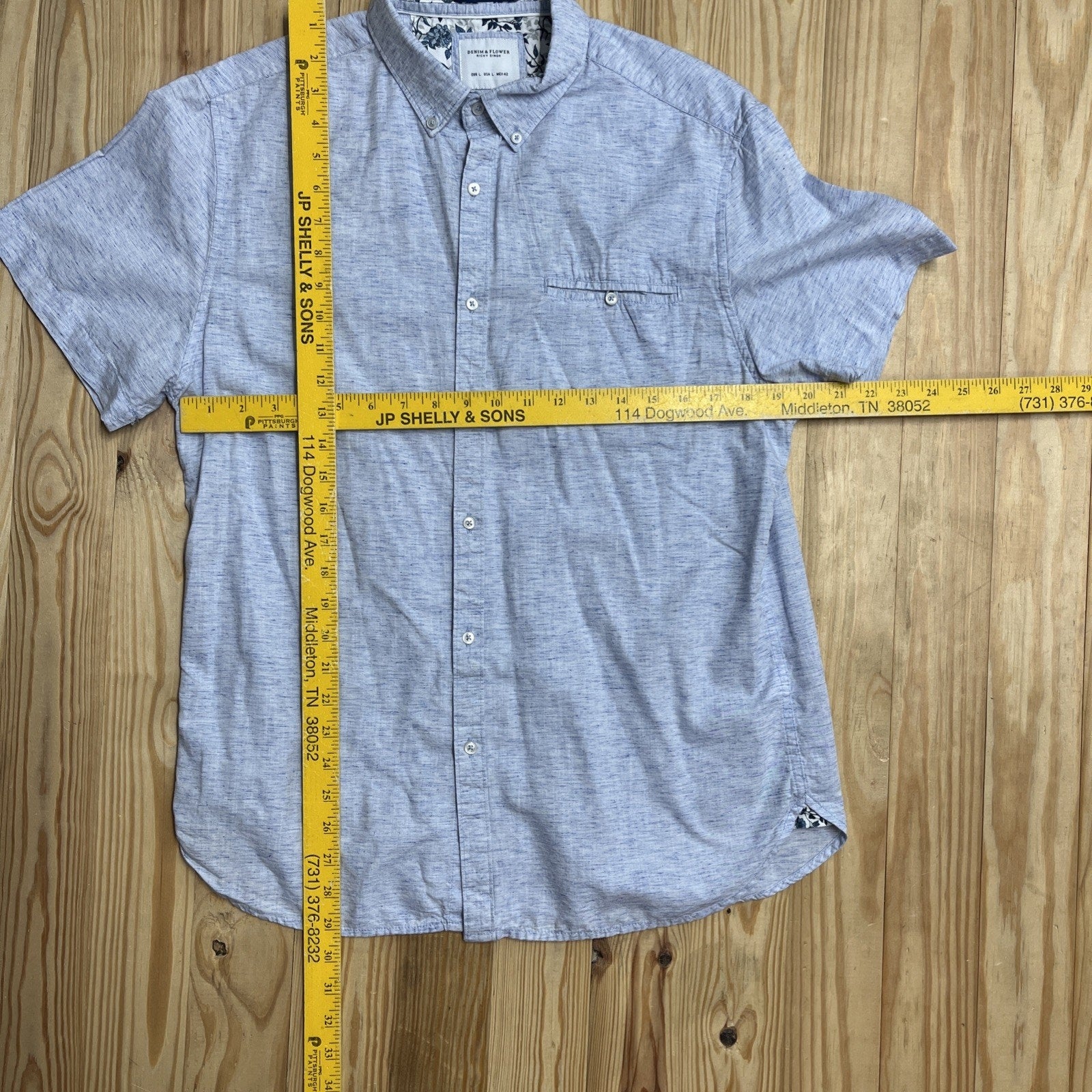 Denim And Flower Chambray Men Slim Fit Button Down Short Sleeve Cotton Shirt L