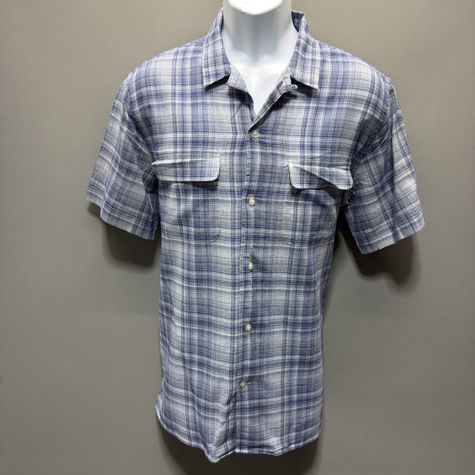 Banana Republic Mens Slim Fit Blue Plaid Short Sleeve Shirt Lightweight L Beach