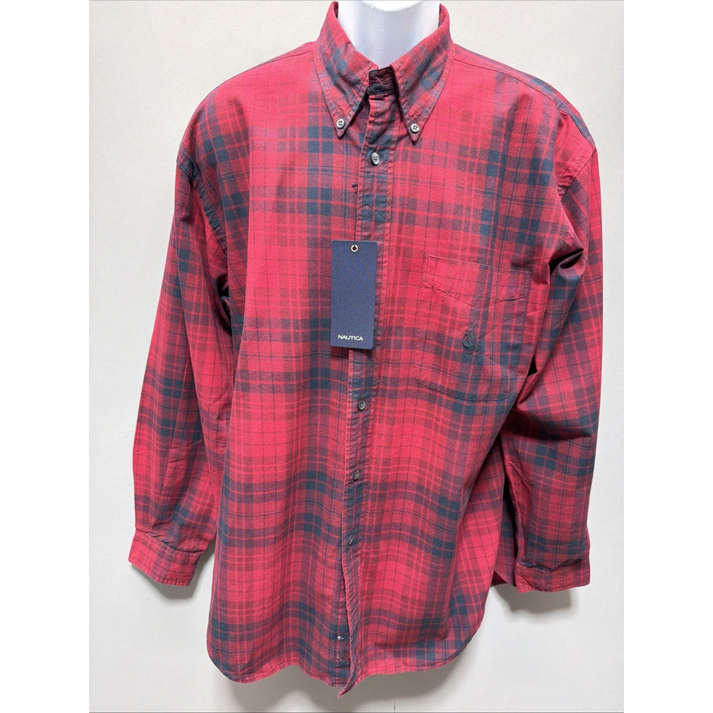 NAUTICA Mens Flannel Red Plaid Button Down Shirt Size L Tall Outdoor Casual New