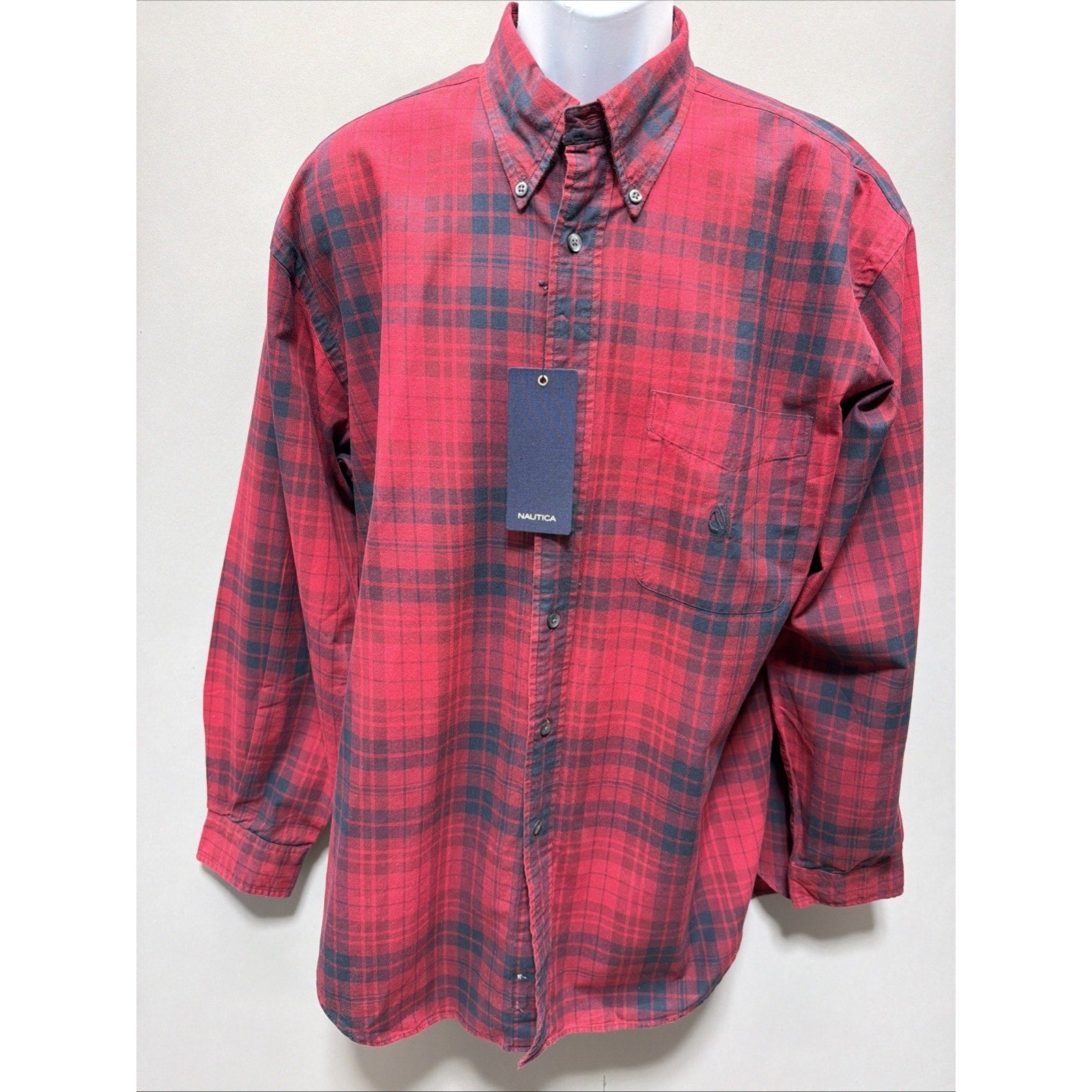 NAUTICA Mens Flannel Red Plaid Button Down Shirt Size L Tall Outdoor Casual New