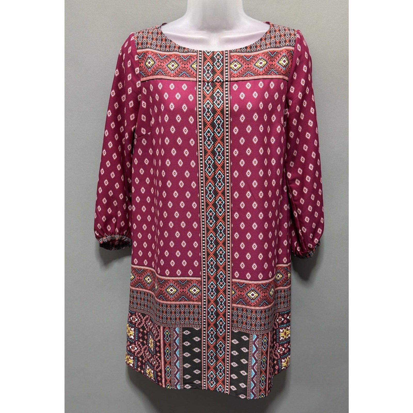 LOFT Petite XS Boho Tunic Top Burgundy Tribal Print 3/4 Sleeve Flowy Blouse