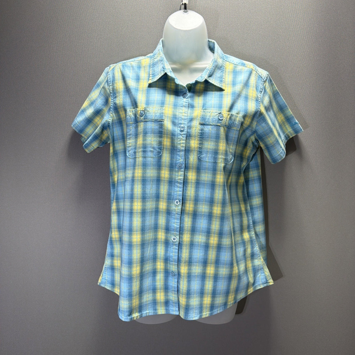Cabela’s Women L Blue Yellow Plaid Button Down Shirt Short Sleeve Stretch Cotton