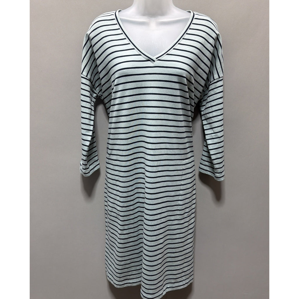 J Jill Seafoam Navy Blue Striped Terry Cloth V Neck Pockets Beachy Dress Large