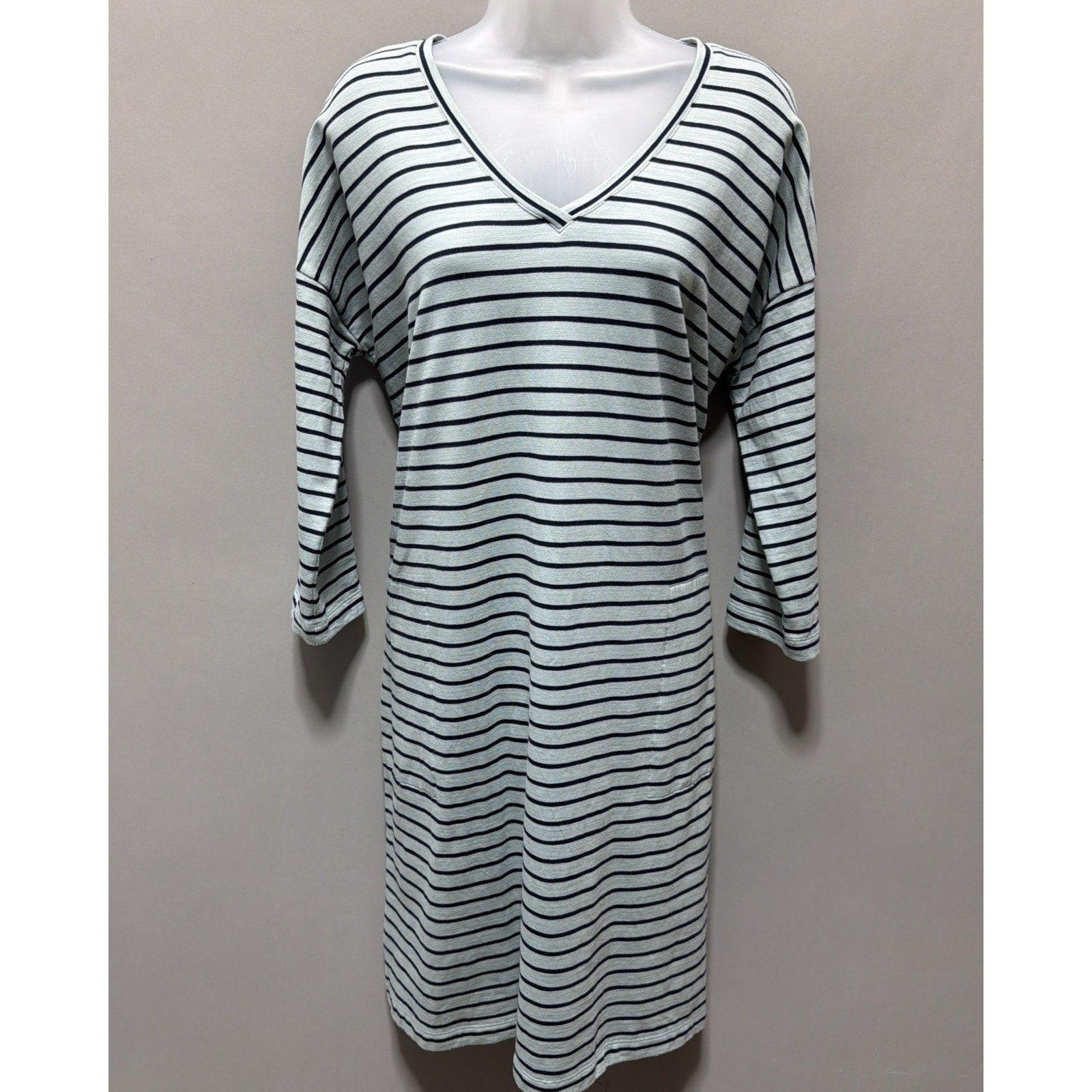 J Jill Seafoam Navy Blue Striped Terry Cloth V Neck Pockets Beachy Dress Large