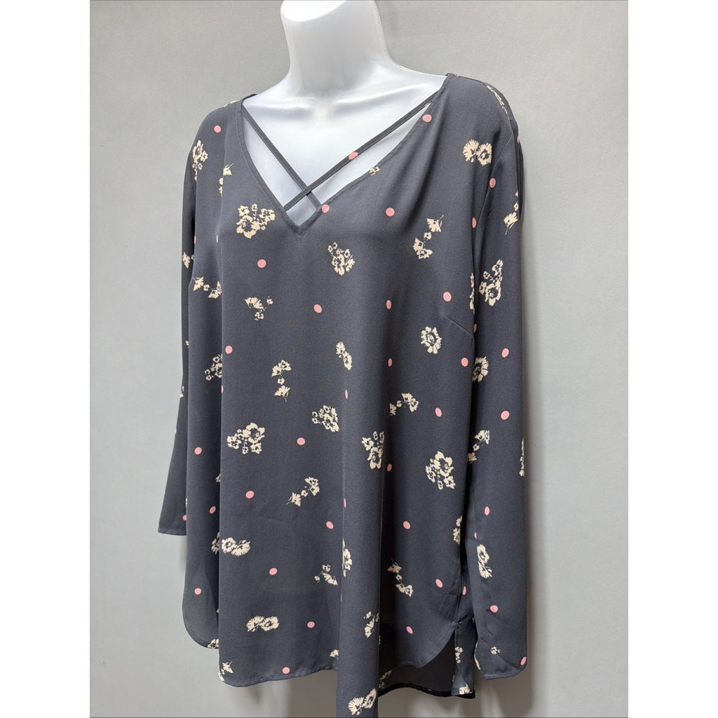 Express Women's Dark Gray Long Sleeve Tunic w/Pink Dots/Cream Flowers XL