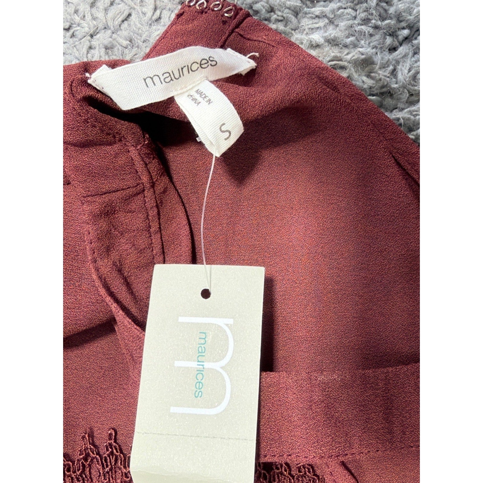 Maurices Womens S Rust Boho Blouse Lace Yoke Keyhole Flutter Sleeve NWT
