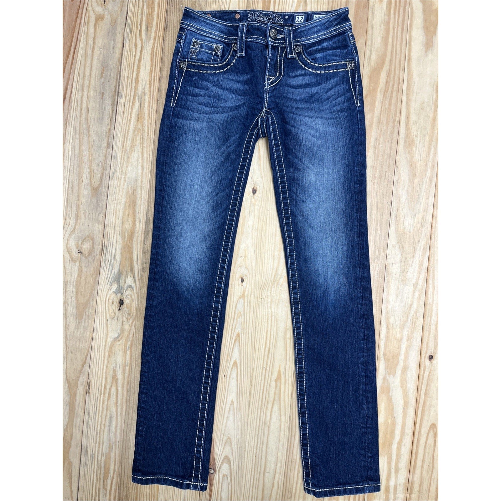 Miss Me Jeans Youth 12 Blue Denim Skinny Rhinestones Studs Dark Wash Women 25x29